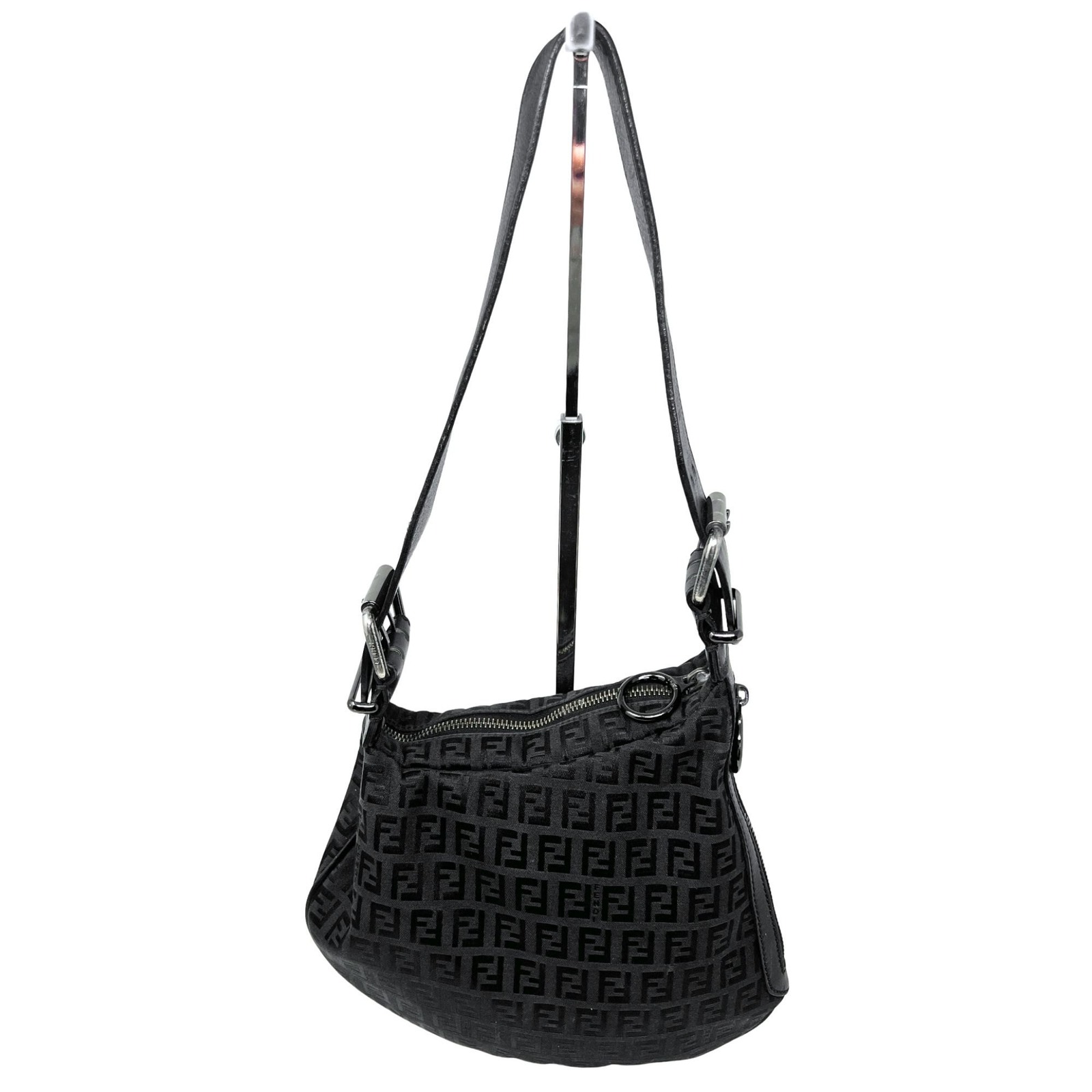 Vintage Fendi Zucca Black Monogram Canvas Oyster Shoulder Bag Adjustable Strap